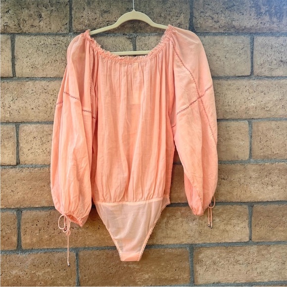 Free People Sundown Balloon Sleeve Bodysuit NWT S Peach Pink Orange Long Sleeve - Picture 7 of 7